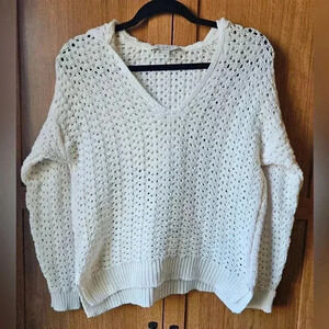 Loft V-Neck Open Knit Hooded Sweater Women (M) - 100% Cotton